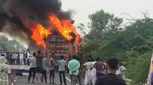 Horrific road accident on National Highway in Jalore, bus caught fire – two youths died on the spot, 50 passengers narrowly escaped